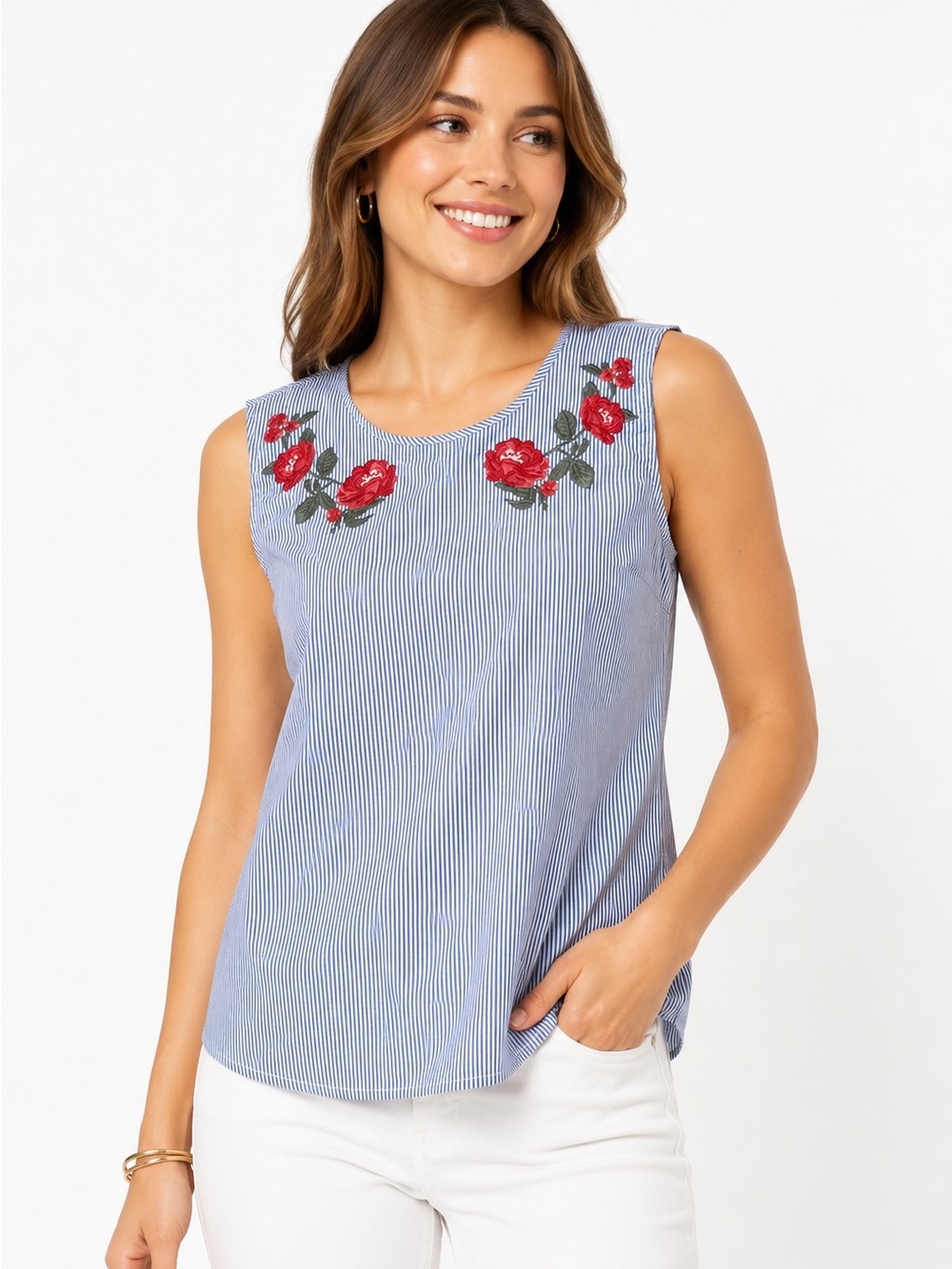 Liz Claiborne Embroidered Floral Stripe Sleeveless Blouse Blue White M‎ Cottage